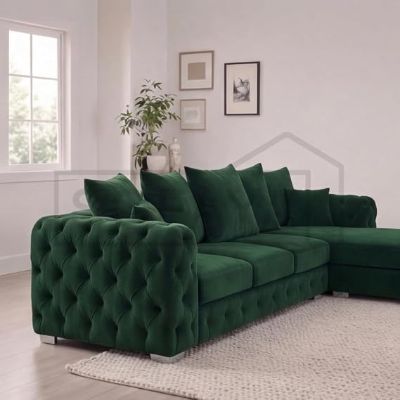 Sofaya Chesterfield Plush Corner L Shaped Sofa with Deep Tufted Buttons,Left or Right Hand Option – Chaise Sofa Couch with Scatter Cushions for Living Room (Green Plush, Right Hand Chaise)
