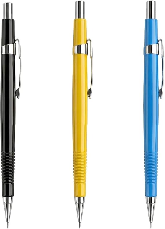 3pcs Mechanical Pencils Set, Automatic Retractable Propelling Pencils 0.9mm 0.7mm 0.5mm with Clutch Refillable Lead for Drafting Drawing Writing Blue Black Yellow Barrel