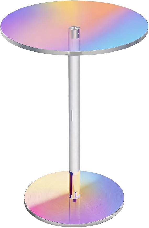 Acrylic Side Table Modern Round End Table Transparent Pedestal Sofa Side Table for Living Room, Bedroom, Small Spaces, Minimalist Coffee Drink Accent Table, Iridescent