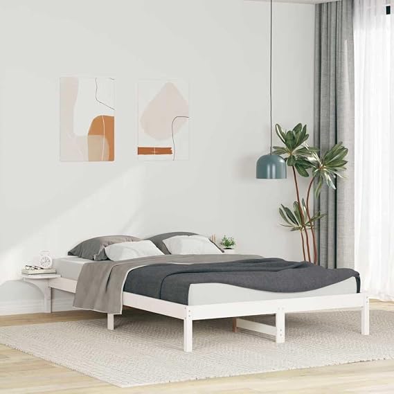 Solid Pine Bed Frame with Bedside Tables White 160 x 210 cm Platform Frame with Slatted Base and Storage Space for Mattress, Modern Bedroom, Sturdy Construction