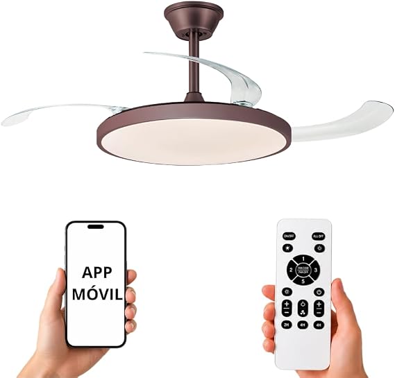 NARVI Brown Coffee Leather Ceiling Fan with Dimmable LED Light, Low Consumption Silent DC Motor, Fan Lamp with Remote, 3 Retractable Blades, BRITAIN 1779 BR