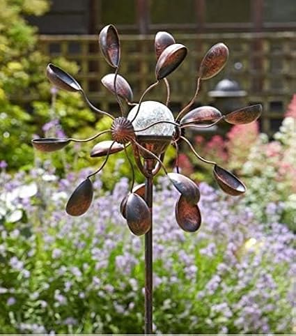Decorative Solar Powered Light Up Wind Spinners With Colour Changing LED Lights Copper Effect Metal Sculptures Versatile Ornaments (1.3m Solar LED Wind Spinner)