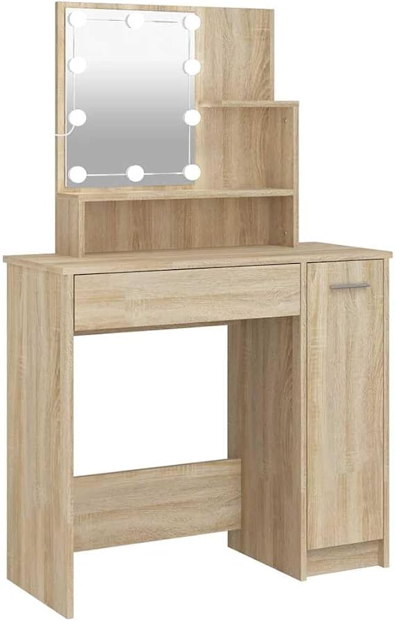 White LED Makeup Table with Drawer, Vanity Table with Side Cabinet and Shelf, Dressing with LED Sonoma Oak 86.5x35x136 cm, White Dressing with Mirror and Storage