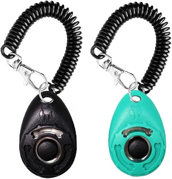 2pcs Dog Clicker,Pet Dog Training Tools with Wrist Strap,Pet Training Clicker, Buzzer Aid Behavioral Buttons Tool for Obedience Behavior Commands Dog Cat Horse Puppy Recall(Black+Lake Blue)