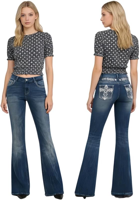 Flared Jeans for Women High Waisted Embroidered Denim Trousers Y2K Style Bootcut Pants Vintage Retro Bell Bottom UK Sizes 8-18 (S-XXL)