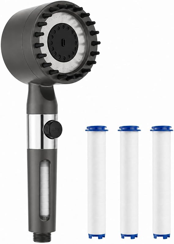 SOGUD Duş Başlığı Seti Gri - Filtreli Arıtmalı El Duşu - 3 Fonksiyonlu Yüksek Basınçlı Model - 3 Yedek Filtre Kartuşlu Kireç Önleyici Su Tasarruflu Masaj Etkili Aç Kapa Tuşlu