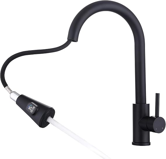 Homelody Kitchen Tap Black with LED Display Extendable Kitchen Tap High pressure mixer tap made of stainless steel with 2 jet types easy installation