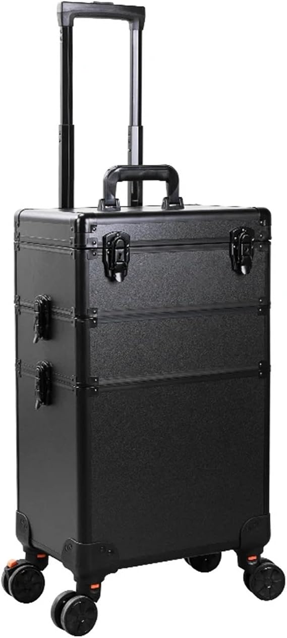 Makeup Suitcase Professional Metal Makeup Case 3 Trays, Cosmetic Train Table with Rolling Wheels and Mirror for Women