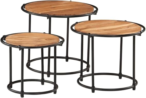 Nesting Tables 3pcs Solid Acacia Wood Coffee & Side Table Set, Natural Brown, 55 cm Round, Space-Saving Stackable End Tables for Living Room Bedroom Hallway
