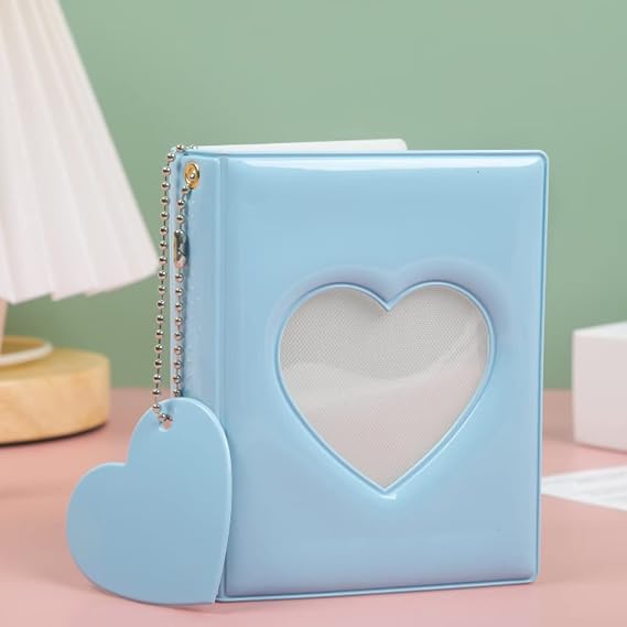 3 Inch Mini Photo Album Kpop Photocard Holder with Pendant, Blue Heart Hollow Card Binder Photo Album Kpop Photo Card Holder, 32 Pockets