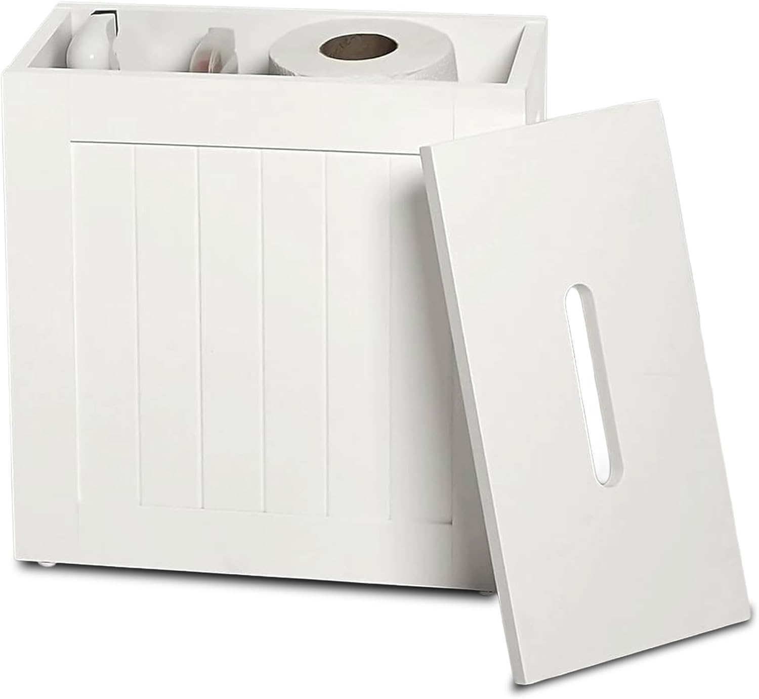 M&H Slim Bathroom Storage Box Organiser with Lid, Compact Floor Cabinet for Toilet Rolls & Cleaning Products, Storage Unit for Small Spaces, Wooden Storage Box, White