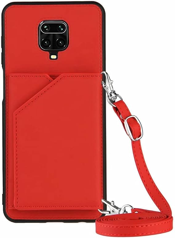 ケース Compatible with Xiaomi Redmi Note 9S カードホルダーとリストストラップ付きレザーウォレットケースPUフリップフォリオキックスタンド保護電話ケース Red