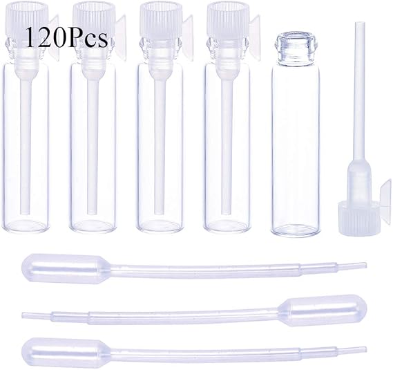 120個 1ml ミニ キュート 空ガラス 香水 エッセンシャルオイル サンプル バイアル ホワイトプラスチックロッドキャップ ガラス小瓶 サンプルドロッパーボトル エッセンシャルオイルアロマセラピー用 120個 1ml ホワイトプラスチックロッド
