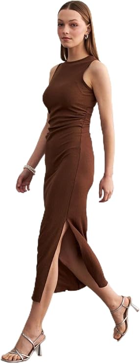 Women's Brown Maxi Size Slit Waist Grizzle Detail Crinkle Dress with Trendsenin