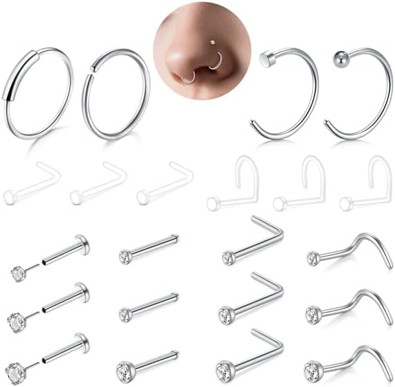 Longita Nose Stud Ring Set 18G Surgical Steel Silver Clear Retainer 22 Piece