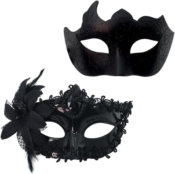 Masquerade Mask Set, 2PCS Venetian Mask for Men Women Masquerade Masks for Couples Party Half Face Carnival Masks Cosplay Costume Masque for Carnival Party,Fancy Dress Ball,Masked Ball(Black)