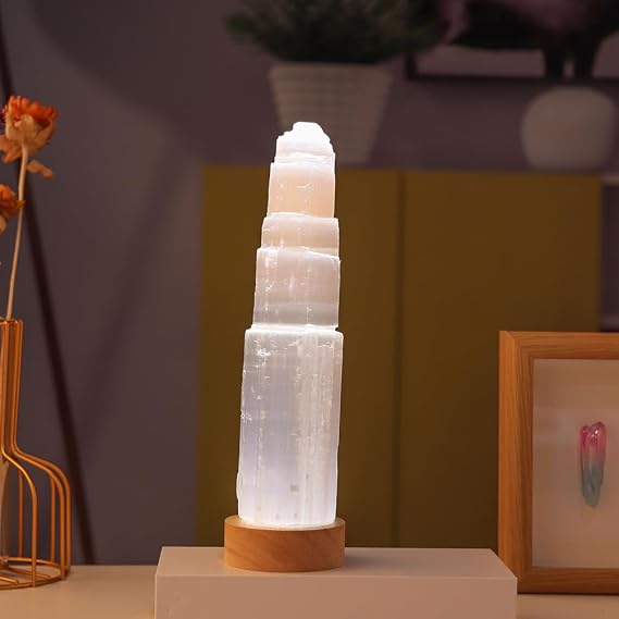 Natural White Selenite Tower Lamp Healing Mineral Specimen Collection Gypsum Ice Berg Carved Crafts Lamp Crystal Decoration Gift (Color : Cold light)