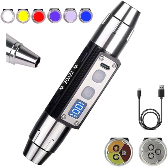 6LED Jade Recognition Flashlight, Outdoor Gemstone Mineral Detection Lights with Charged Quantity Display, White Lights, Yellow Light, Red Lamp, Blue Lamp, 395UV and 365UV UV Pens. [Energy Class A]