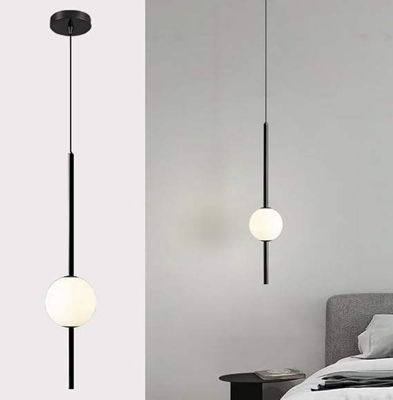 Modern Globe Pendant Light, LED Bedside Hanging Lamp Bedroom Minimalist High Ceiling Pendant Lighting Black Linear Long Chandelier, for Dining Room Living Room Kitchen Island Foyer 1 Light