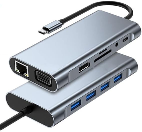 Coverzone 11 in 1 Type-C To USB Hub HDMI (4K),Audio/, Type-C/, 4X USB 3.0/, LAN/, VGA/, SD Card Reader Çevirici Hub 10 Port Adaptör Dönüştürücü Çoklayıcı