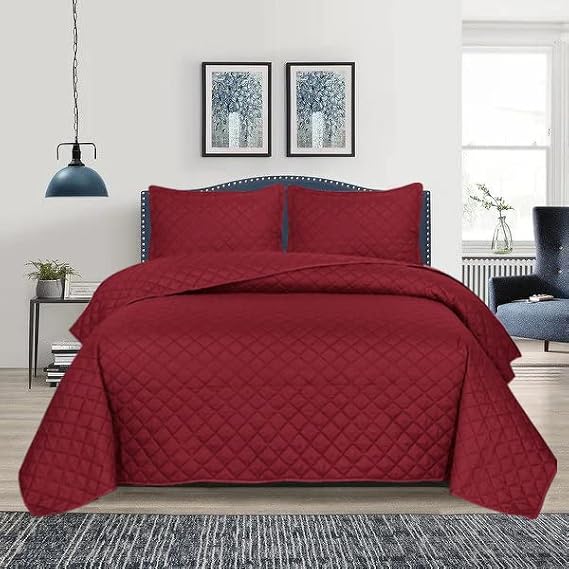 Red Quilted Bedspread Throw Super King Size Bedding Set with 2 Pillow Shams - Reversible Embossed Pattern Quilt Bed Cover for Bedroom Decor
