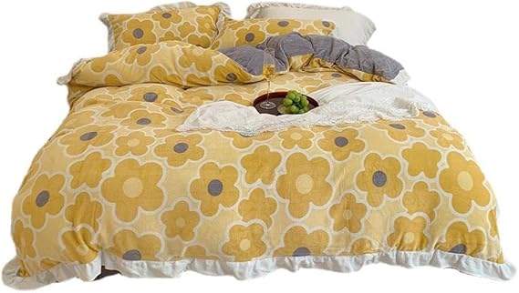 Bed Sheet Keep Warmfleece Bedding Sheet Quilt Cover Korean Milk Velvet Lace 4-Piece Set Autumn And Winter Thickening Warm Duvet Cover Winter Flannel Princess Style Bedding-Flowers Yellow_2.0M (A Pair