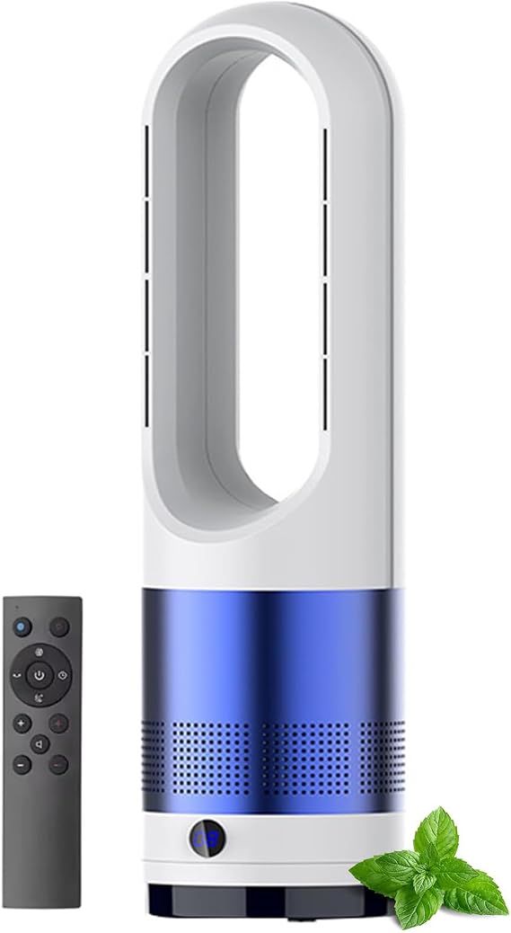 Hot and Cool Bladeless Tower Fan with Remote, 18 Inch Oscillating Air Circulator with 8 Speeds & Timer, Air Purifier Fan for Home, Office, Bedroom, Gray gray