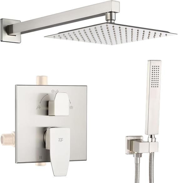 POP Shower System Brushed Nickel Bathroom Rainfall Shower Faucet Set Complete Wall Mounted 10 Inch Shower Head and Handle Set with Rough-in Valve Body and Trim Kit
