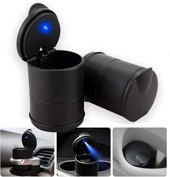 Kapaklı LED Işıklı Araç Küllüğü Kendiliğinden Sönen Mini Araba Çöp Kutusu Araba Ev Ofis ve Seyahat için Dumansız Silindir Araba Küllüğü Su geçirmez Koku Sızdırmaz Yıkanabilir Siyah Mat Kül Tablası