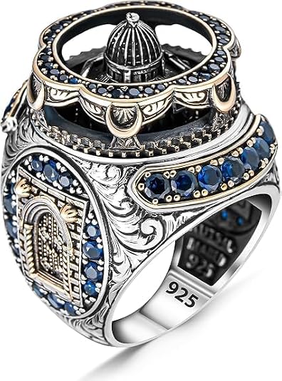 Solid 925 Sterling Silver Al-aqsa Mosque Motif Islamic Cubic Zircon Men's Ring Muslim Religious Ring Gift For Dad