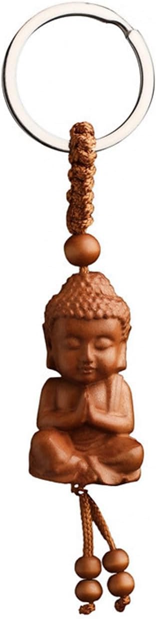 Buddha Keychain,Wooden Buddha Sculpture Keyring Vintage Hanging Ornament Keychain