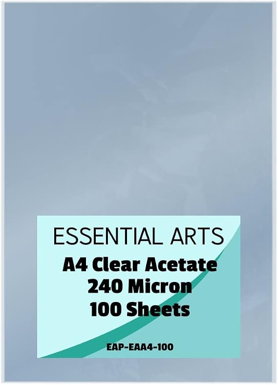 Essential Arts A4 Clear Acetate 240 Micron Pack of 100 Sheets. Extra Thick PVC Binding Cover Ideal for Etching, Craft, Stencils Picture Frames and Gifts 210x297mm