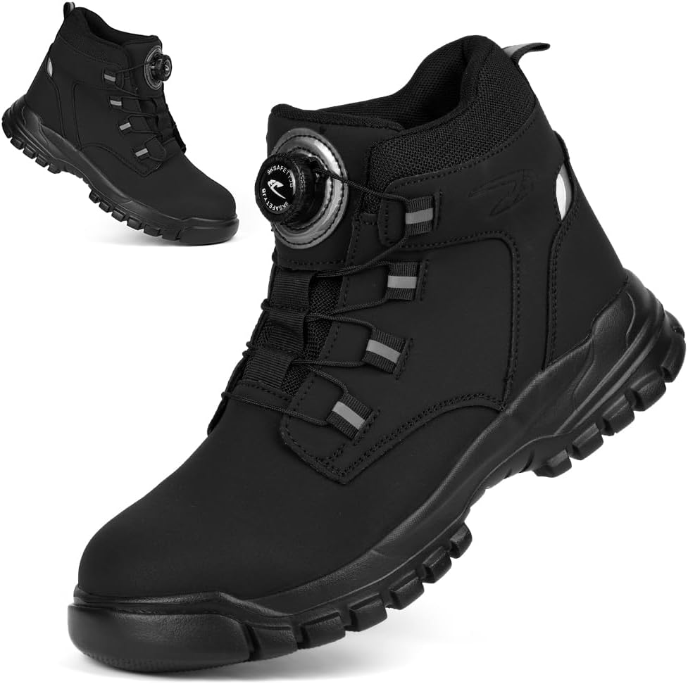 AOOSU Safety Shoes Men Women Waterproof Steel Toe Cap Work Shoes with Rotary Knob Cut Protection Boots Non-Slip Lightweight Ankle High Leather Safety Shoes Size 40-46