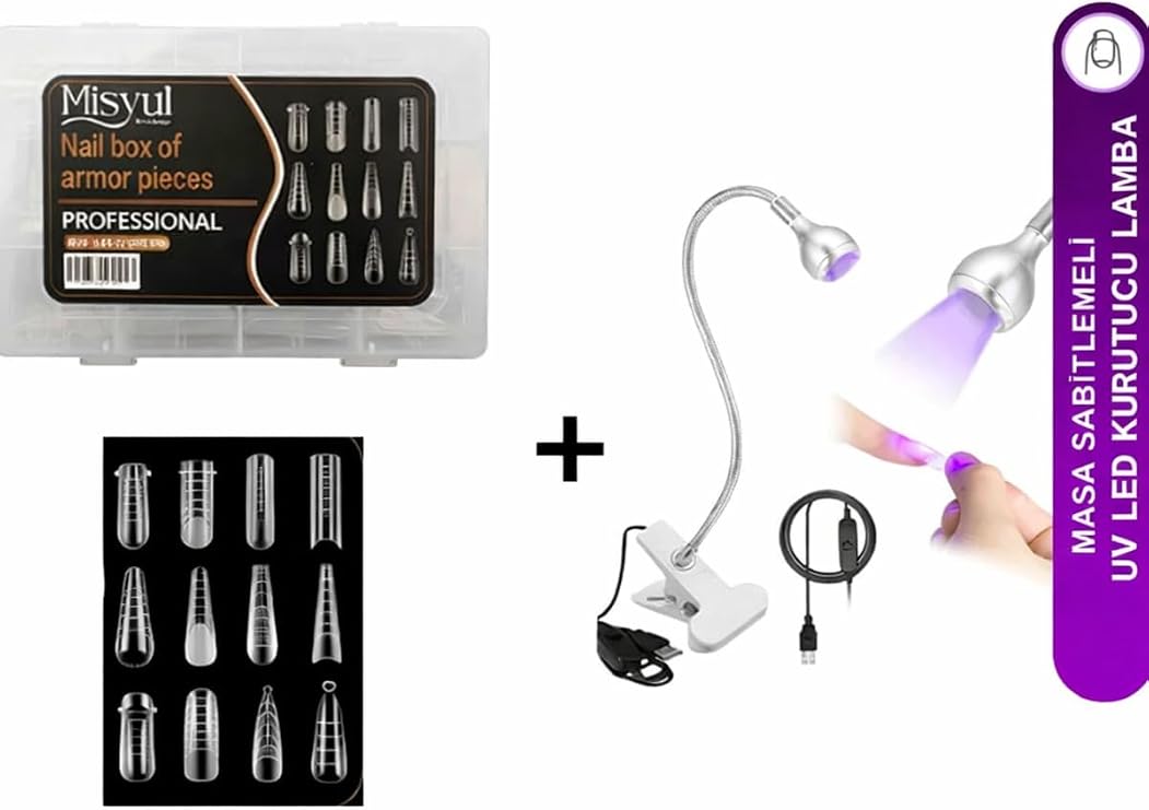 Fontenay Protez Tırnak Tips Üst Form Jel Tips 12 Farklı Model, UV LED Kurutucu Lamba Masa Sabitlemeli Set, Beyaz