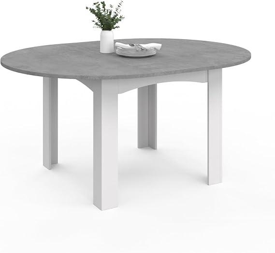 IDMarket - Dona Extendable Round Dining Table for 4-8 People, White, Imitation Concrete Top, 110-150 cm
