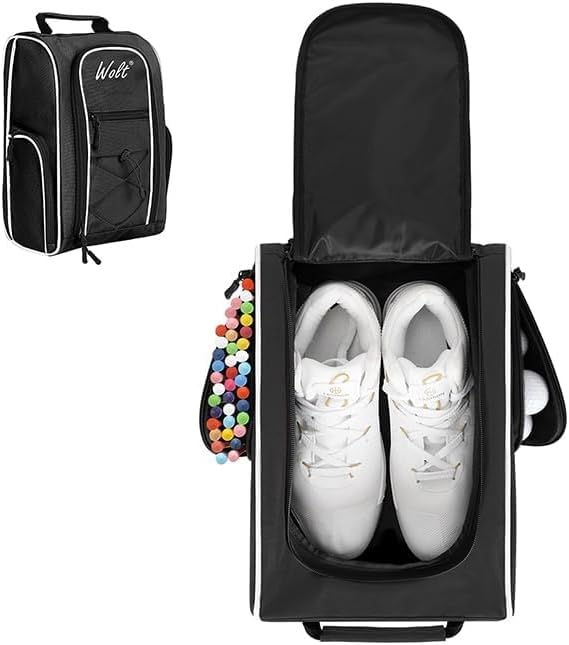 Wolt Golf Shoe Bag - Sports & Travel Shoes Carrier Bags with Ventilation & Double Outside Accessory Pocket for Socks, Tees, Golf Balls, Etc. for Women and Men (Black)