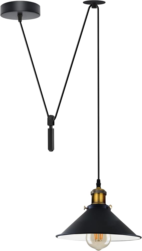 DC VOLTAGE 22cm Black Inner White Cone Spider Pendant Light,Industrial Hanging Ceiling Lamp with E27 Base & 2M Adjustable Cord for Farmhouse Kitchen, Dining, Hallway with Bulb [Energy Class A]