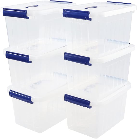 6 Pack Clear Plastic Stackable Storage Boxes, Organizing Container with Handle and Secure Latching Buckles (6 Litre)