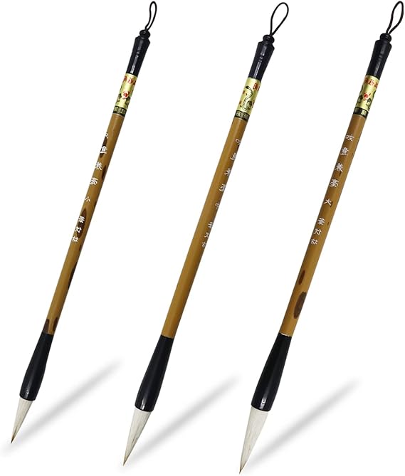 Huakaile 3 Sizes Chinese Writing Brushes, Chinese Calligraphy Brush Set, Painting Ink Brushes with Bamboo Pen Holder, Traditional Art Sumi Bolosy (Large, Medium, Small)