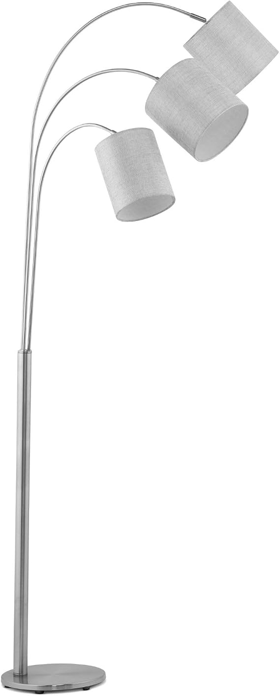 Modern 3-Head Adjustable Arc Floor Lamp with Grey Linen Shades – Satin Silver Finish, E27 SES Bulbs, 178cm Tall LED Reading Light for Living Room & Corner Lighting [Energy Class A+++]