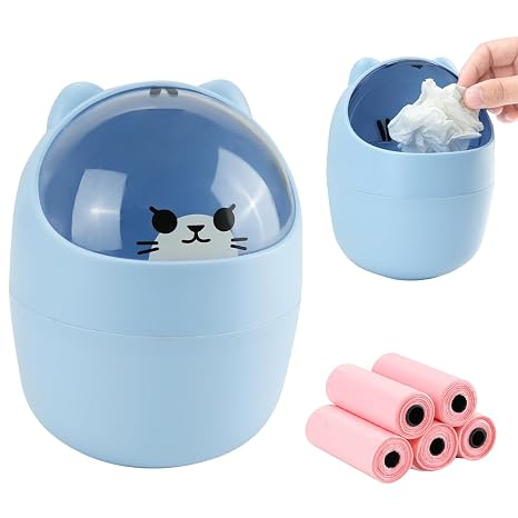 Portable Blue Mini Lidded Desktop Cartoon Trash Can