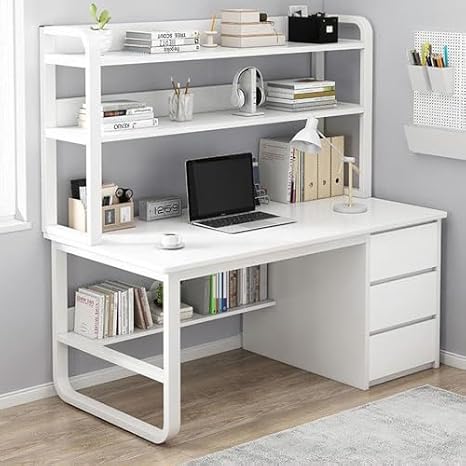 Storage Computer Desk,Computer Desk with 3 Drawers and Storage Shelves, Modern Writing Desk Study Table Laptop Workstation for Home Office(100cm, White)