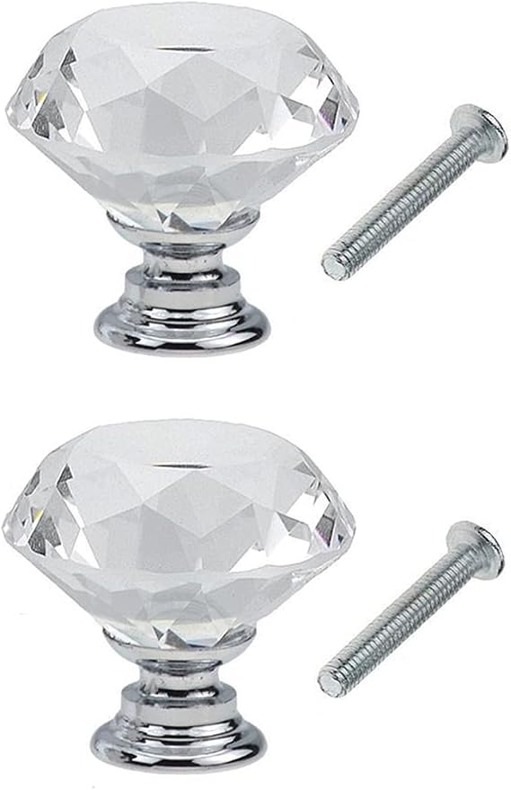 Yesmin Crystal Door Knobs,2 Pcs 30MM Crystal Drawer Carbinet Door Handle Puller with Screws for Home Kitchen Office Drawer Cupboard Closet-Silvery