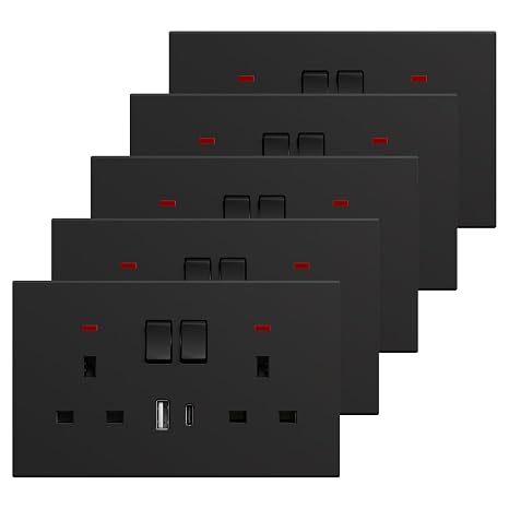 BSEED Double Socket with USB C 5 Pack, Electrical Double Switched Power Plug Wall Socket with LED Indicator, PC Wall Plate Outlet, Black, 13A