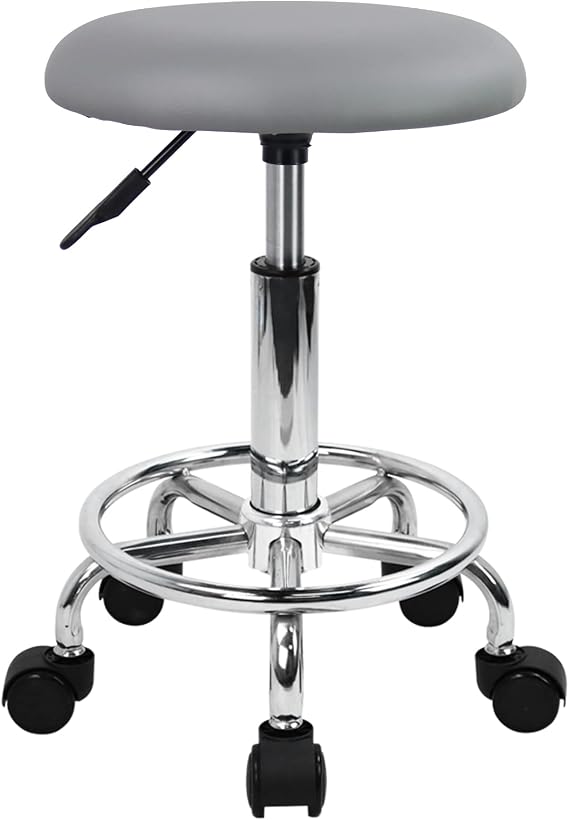 KKTONER Stool with Wheels and Footrest Faux Leather Work Stool Round Swivel 360° Office Stool with Adjustable Height 49-64 cm Grey