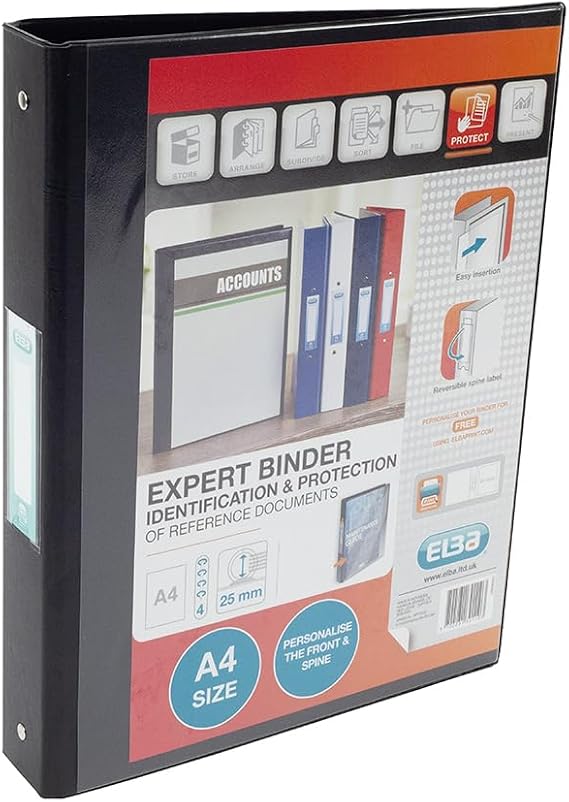 Elba A4 4 O-Ring Binder, 25mm capacity, 30mm spine, Presentation Folder with Customisable Cover, Portrait, Black (Single)