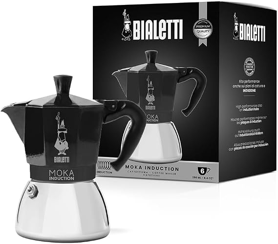 Bialetti - Moka Induction Coffee Maker, Suitable for all types of hobs, 6 Espresso Cups (280 ml), Black [Energy Efficiency Class A]