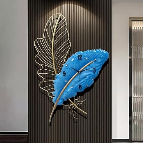 Silent Quartz Wall Clock - Gold & White 3D Leaf Design, 78cm Oversized Decor for Living Room, Bedroom, Home Art (Blue)