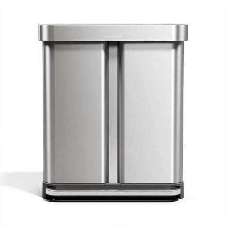 simplehuman Pedal Recycler, 58L Dual Compartment Kitchen Bin, 150,000-Step Pedal, Lid Shox® Technology, Liner Rim System, Liner Pocket®, Brushed Stainless Steel with Plastic Lid