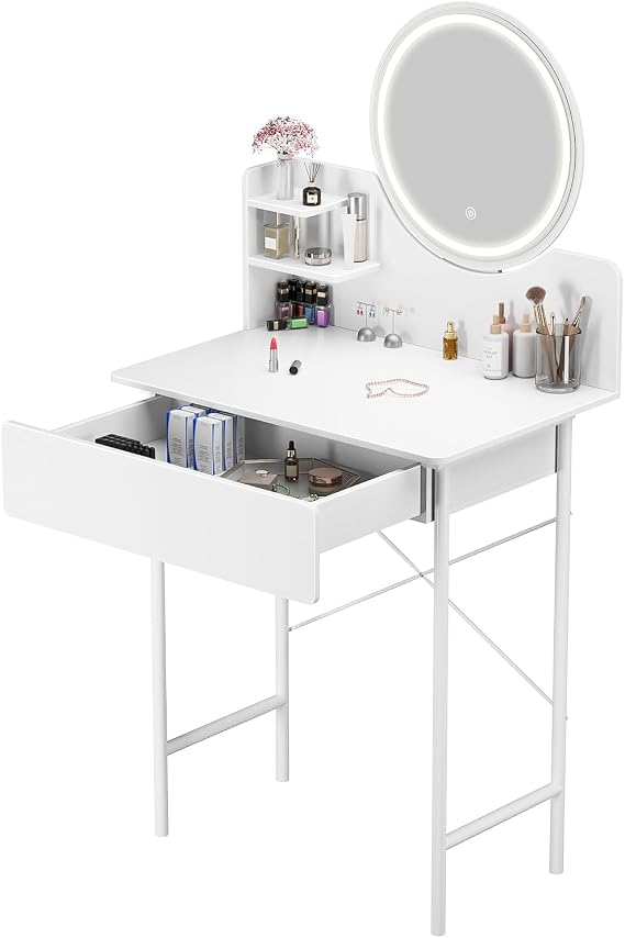 Dressing Table with LED Lights Vanity Desk Makeup Vanity Desk, Vanity Table with 1 Drawer and 2 Opening Shelves, Bedroom Dressing Table, 3 Modes Brightness Adjustable White